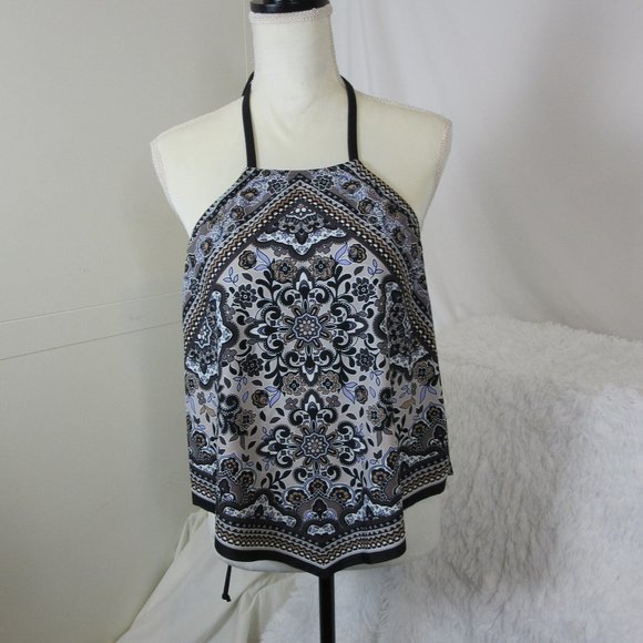 Kona Sol Halter Tankini Bikini Swim Top Black Floral Print Size Small - Picture 2 of 9